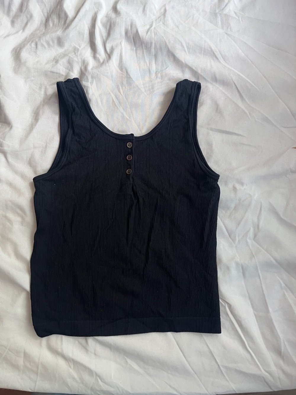 Black Ribbed Tank Top with Button Detail - Women